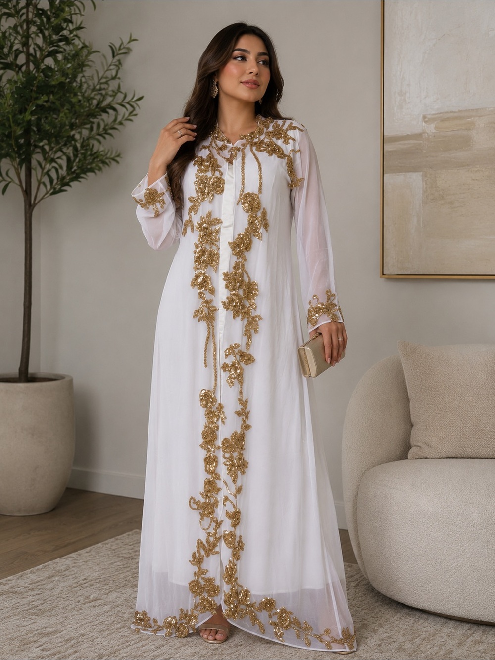 2 piece galabiya White Maxi Dress with Gold Embroidery